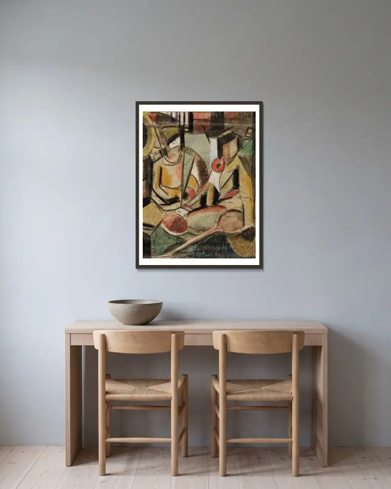 Abstract–Two Women with Tennis Racquets av Carl Newman inramad på en vägg