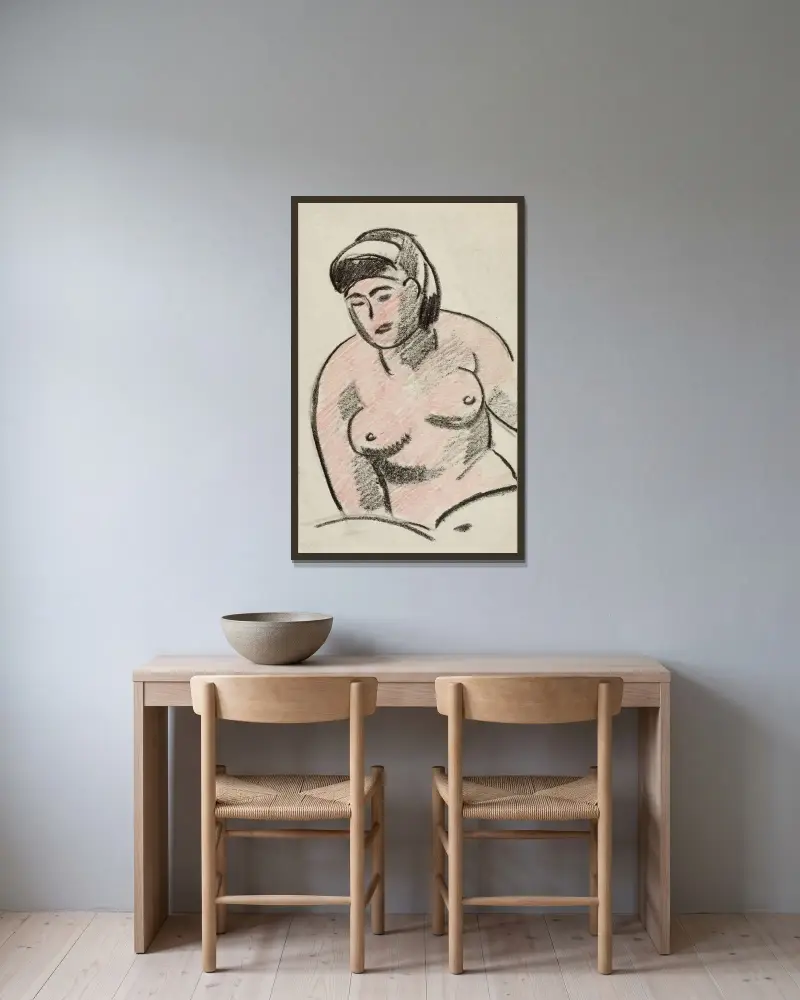 Kvinnlig naken torso av Carl Newman inramad på en vägg