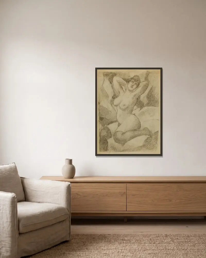 Female Nude with Black Stockings av Carl Newman inramad på en vägg