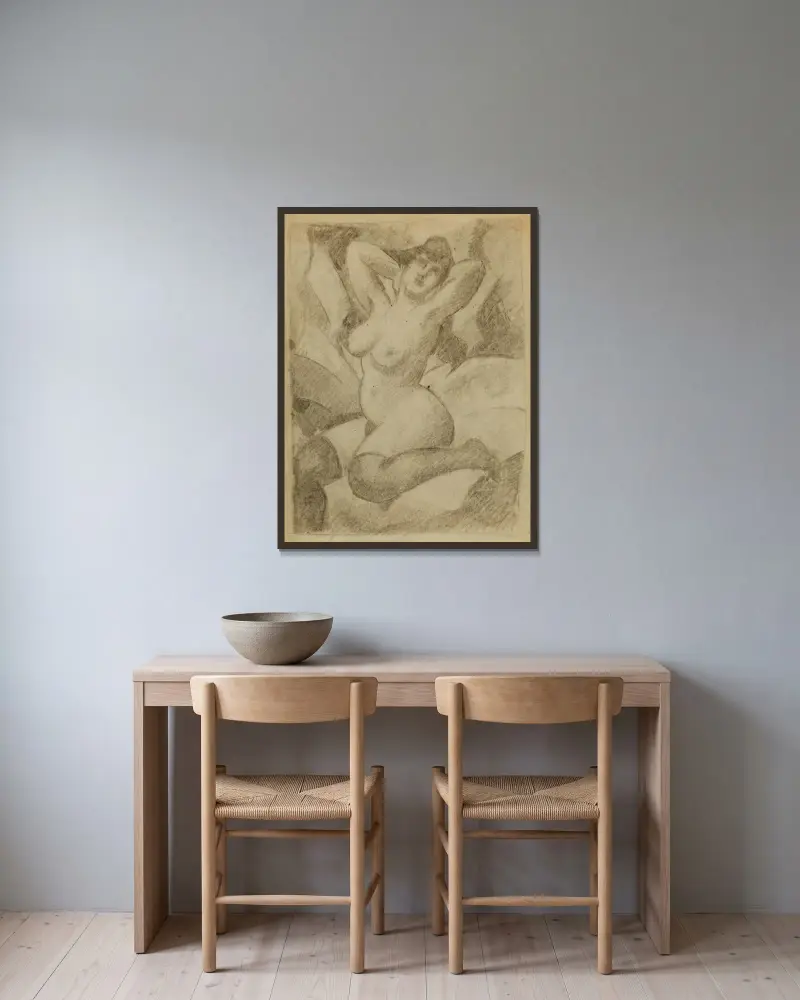 Female Nude with Black Stockings av Carl Newman inramad på en vägg