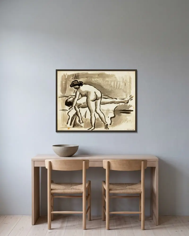 Male and Female Nude av Carl Newman inramad på en vägg