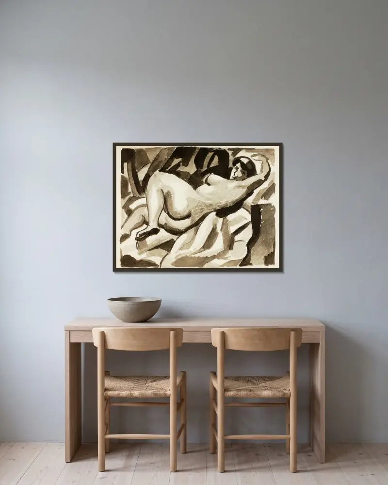 Reclining Female Nude II av Carl Newman inramad på en vägg