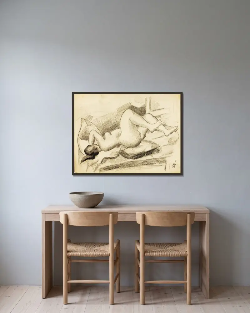 Reclining Female Nude VI av Carl Newman inramad på en vägg
