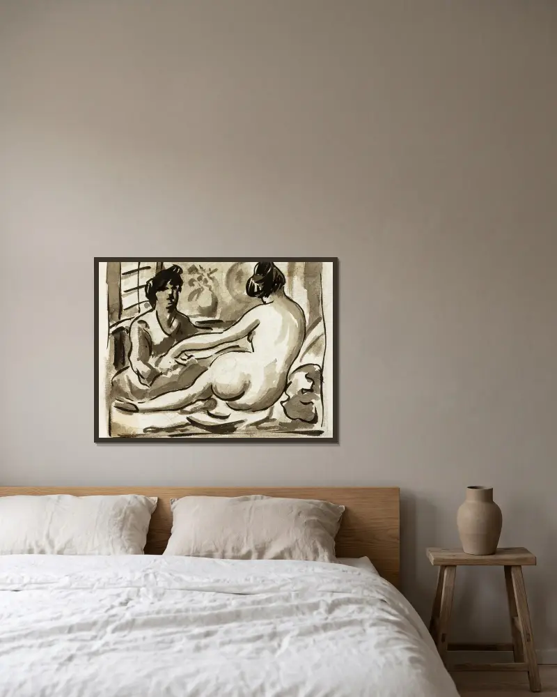Reclining Female Nude with Attendant av Carl Newman inramad på en vägg