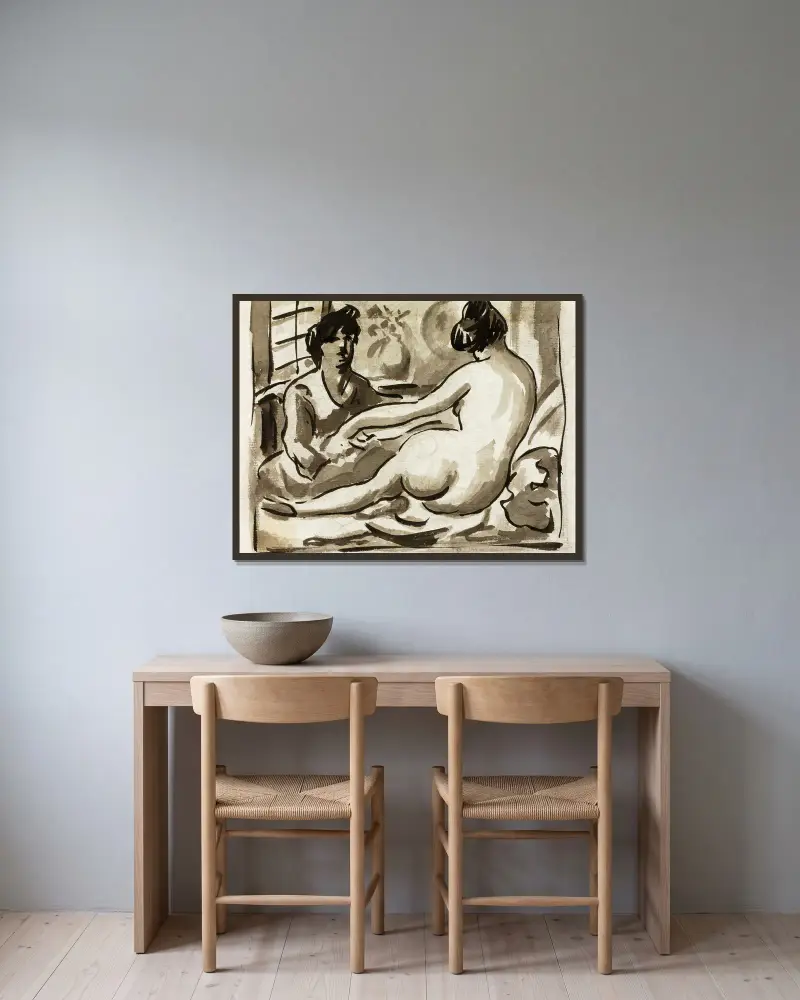 Reclining Female Nude with Attendant av Carl Newman inramad på en vägg