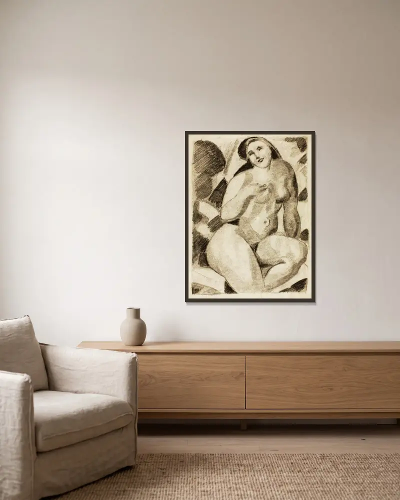 Sitzende weibliche Aktstudie von Carl Newman gerahmt an einer Wand