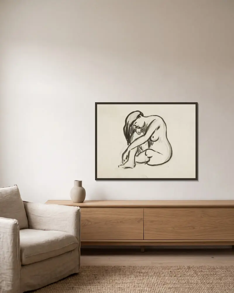 Sitzende Aktstudie – Nr. 2 von Carl Newman gerahmt an einer Wand