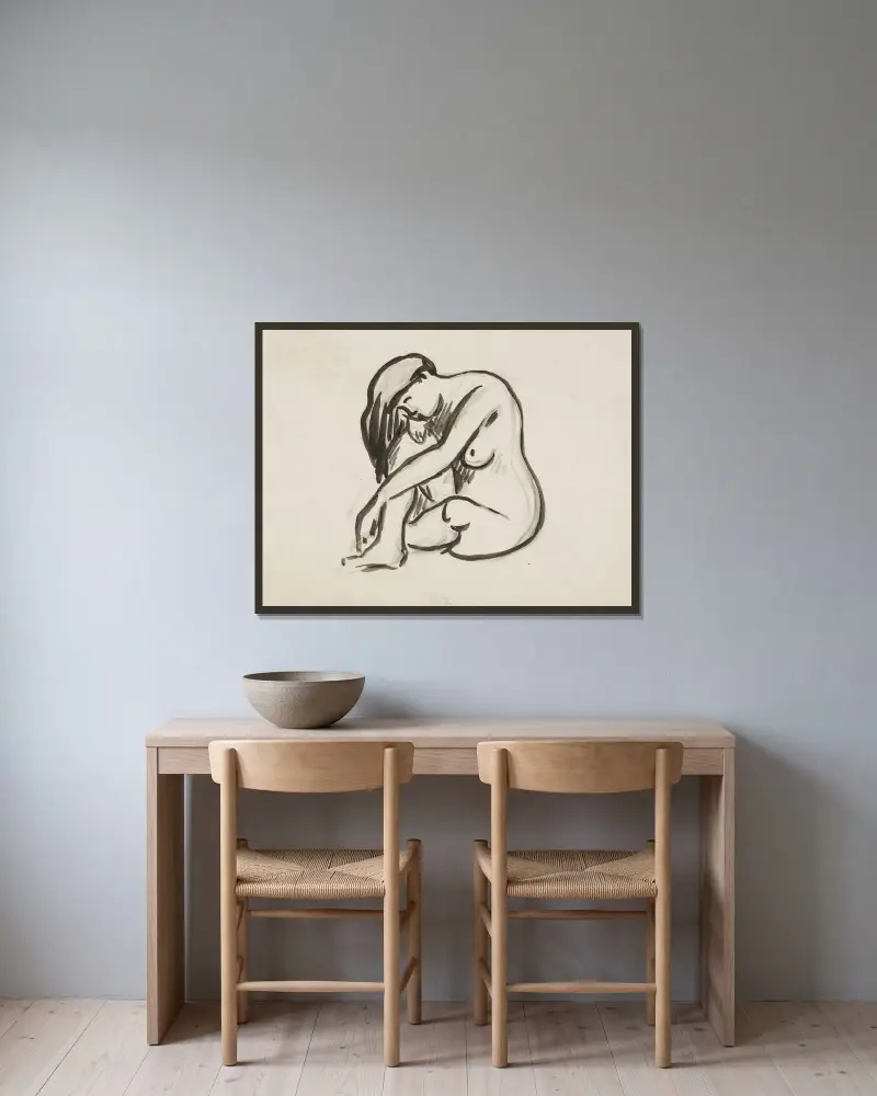 Sitzende Aktstudie – Nr. 2 von Carl Newman gerahmt an einer Wand