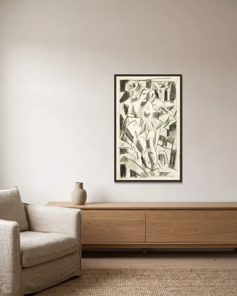 Zwei Figuren von Carl Newman gerahmt an einer Wand