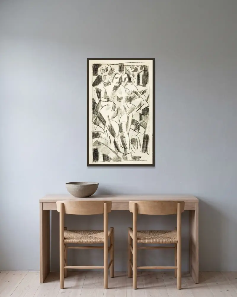 Zwei Figuren von Carl Newman gerahmt an einer Wand