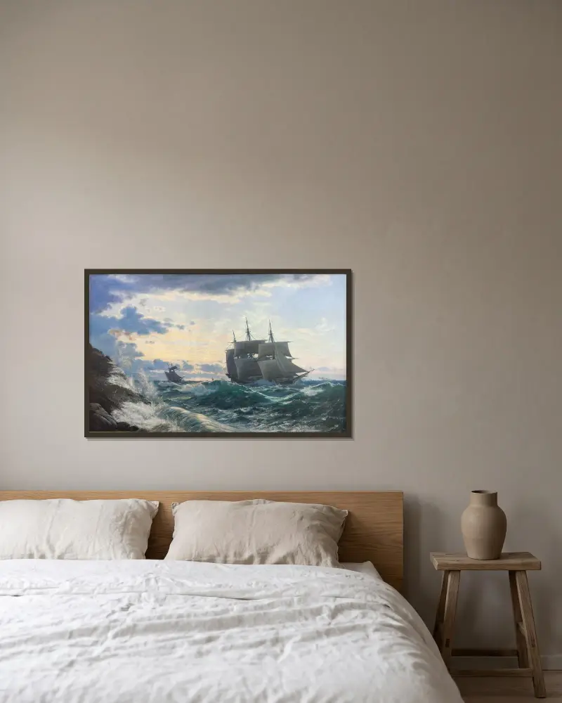 Skibe som morgenen efter en storm klarer landet for sig av Carl Rasmussen inramad på en vägg