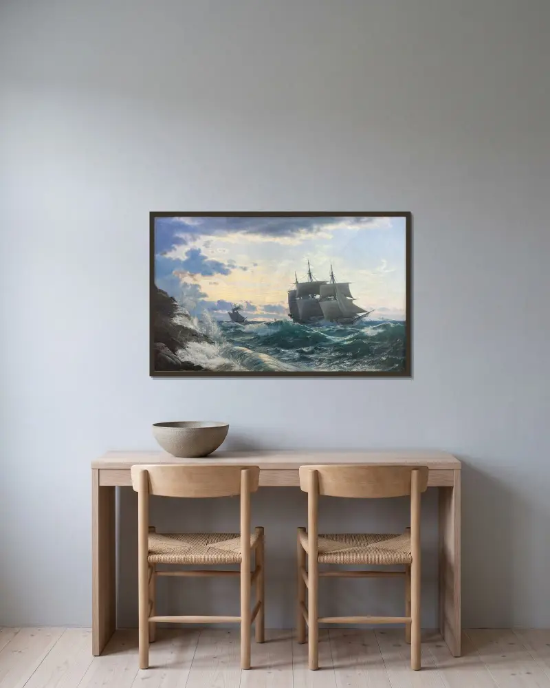 Skibe som morgenen efter en storm klarer landet for sig av Carl Rasmussen inramad på en vägg