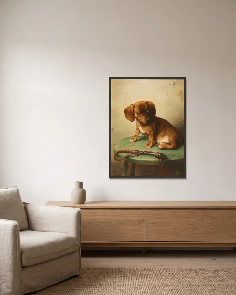 A Dachshund Puppy av Carl Reichert inramad på en vägg