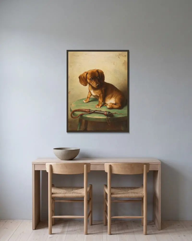 A Dachshund Puppy av Carl Reichert inramad på en vägg