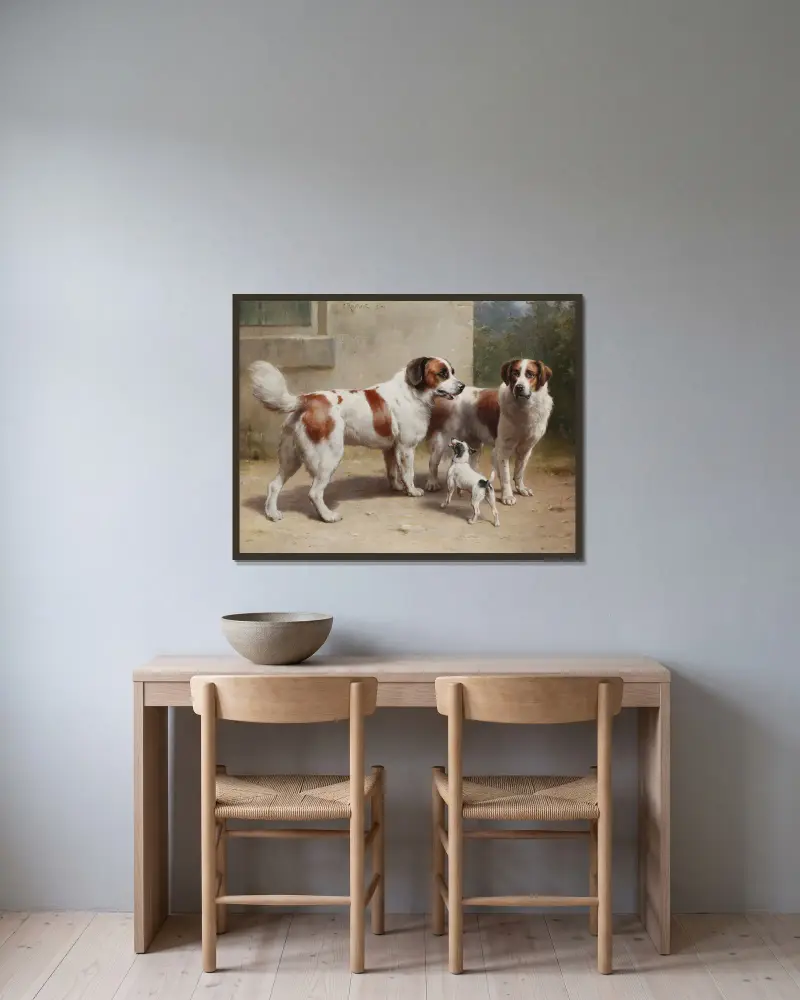 Drei Hunde av Carl Reichert inramad på en vägg