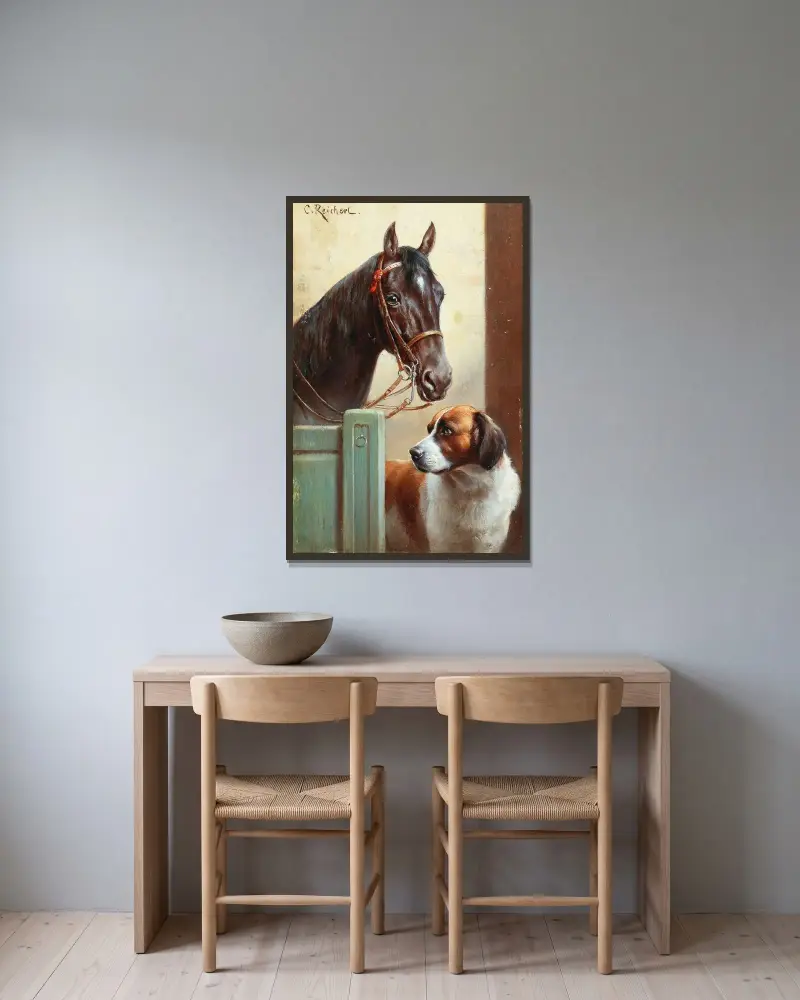 Vänner, en vik och en St Bernard i ett stall av Carl Reichert inramad på en vägg