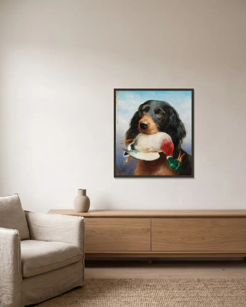 Gordon Setter with Mallard Duck av Carl Reichert inramad på en vägg