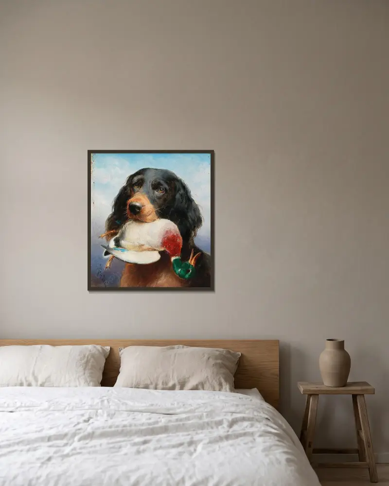 Gordon Setter with Mallard Duck av Carl Reichert inramad på en vägg