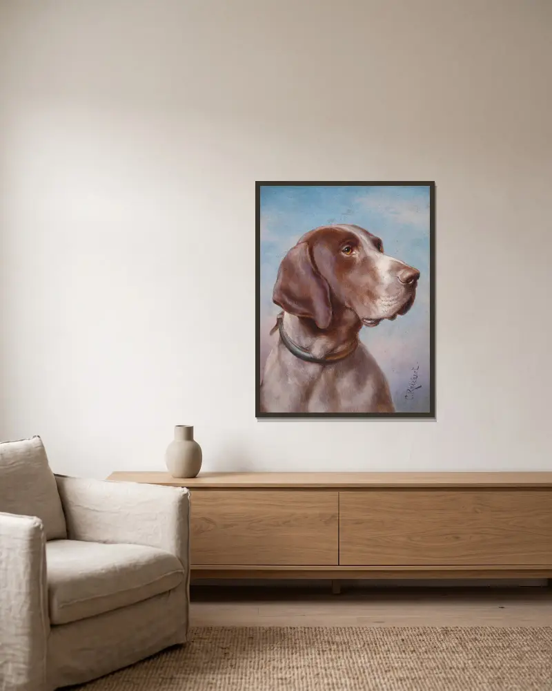 Hundeporträt von Carl Reichert gerahmt an einer Wand