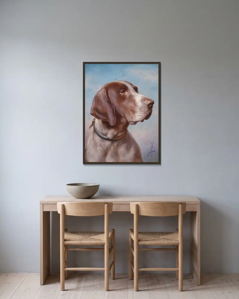 Hundeporträt von Carl Reichert gerahmt an einer Wand