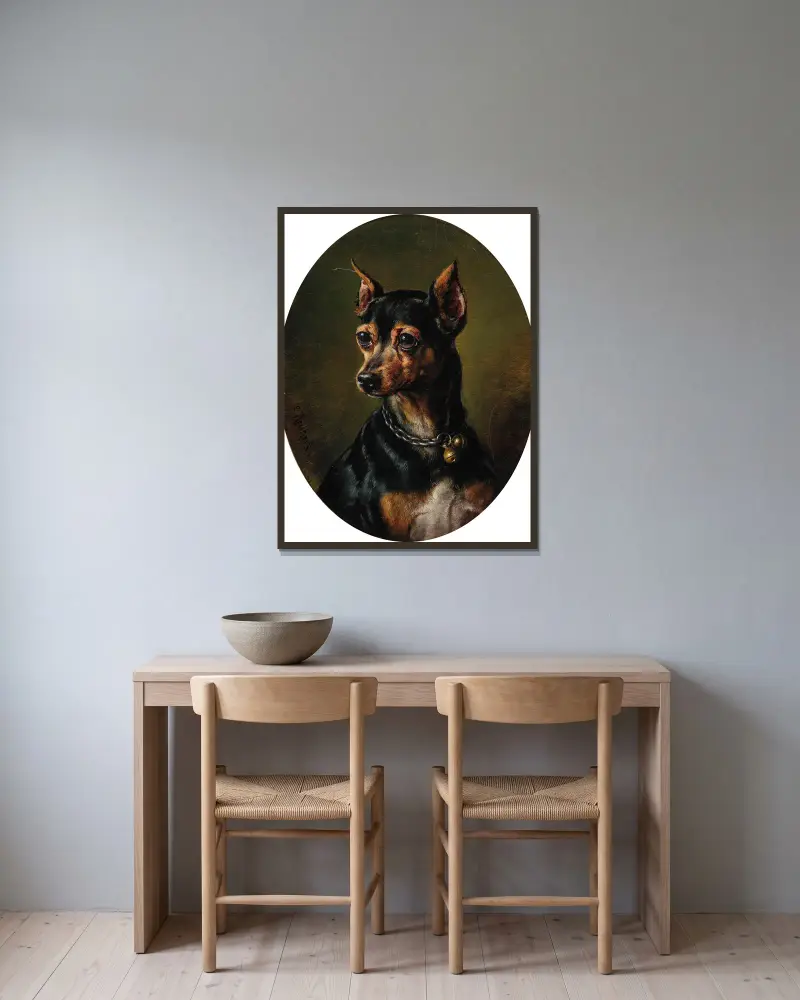 Pinscher in Collar with Bells av Carl Reichert inramad på en vägg