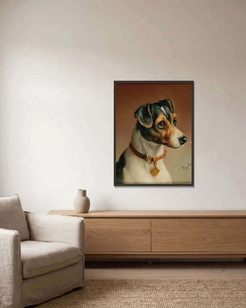 Portrait of a Jack Russel Terrier av Carl Reichert inramad på en vägg