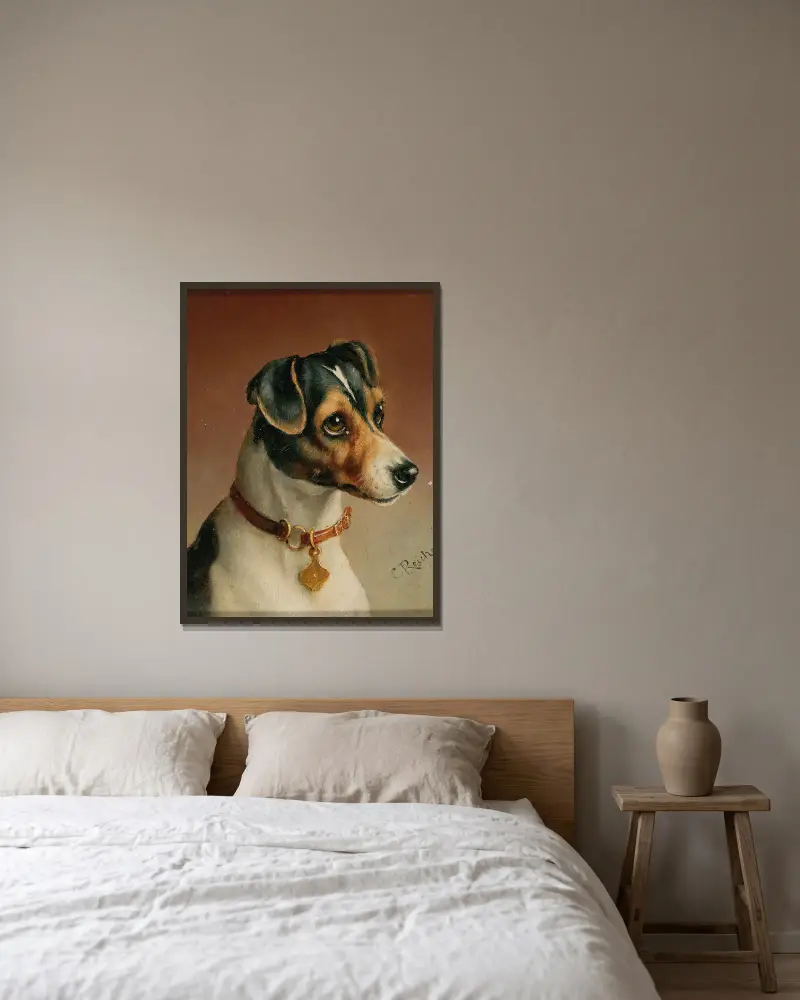 Portrait of a Jack Russel Terrier av Carl Reichert inramad på en vägg