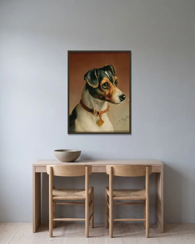Portrait of a Jack Russel Terrier av Carl Reichert inramad på en vägg