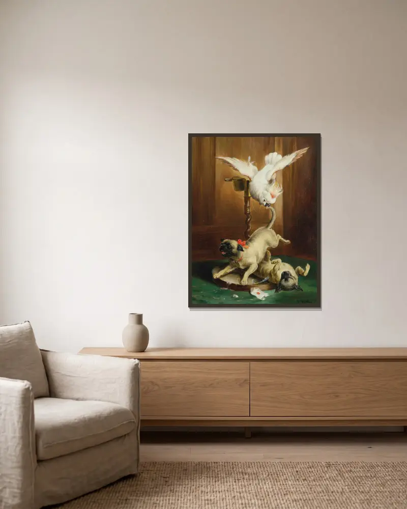 Mops-Pandämonium von Carl Reichert gerahmt an einer Wand