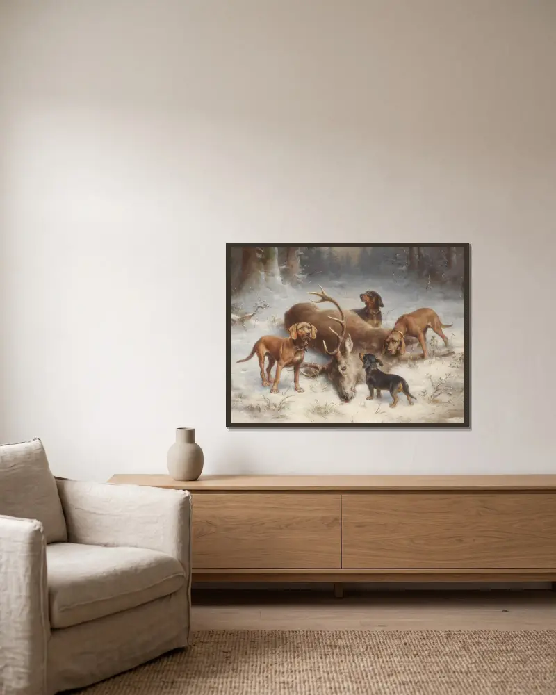 Schweißhunde mit erlegtem Hirsch av Carl Reichert inramad på en vägg
