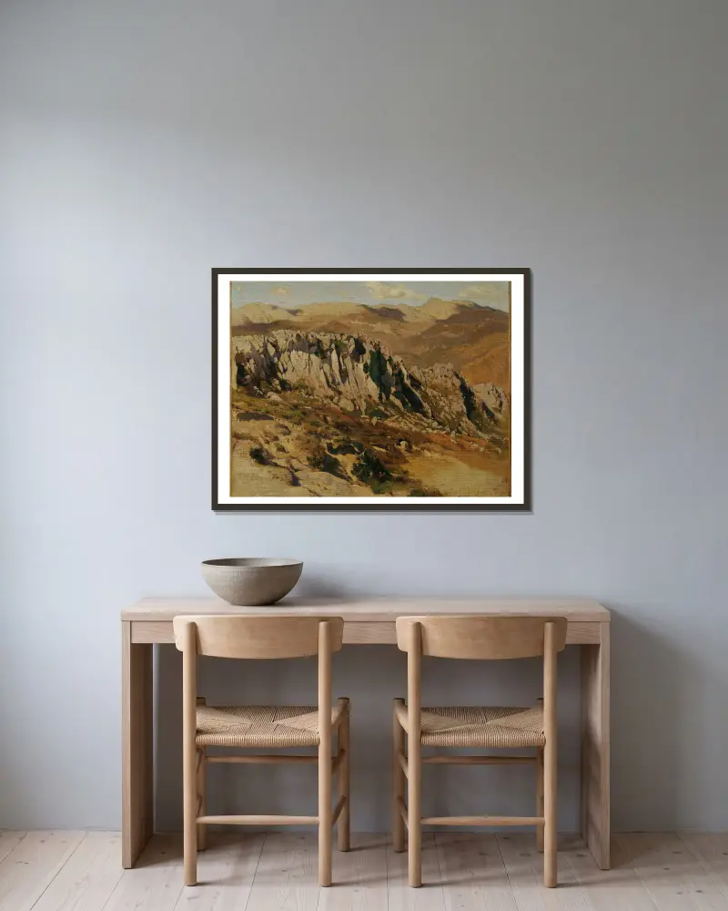 Felsenlandschaft bei Olevano av Carl Schuch inramad på en vägg
