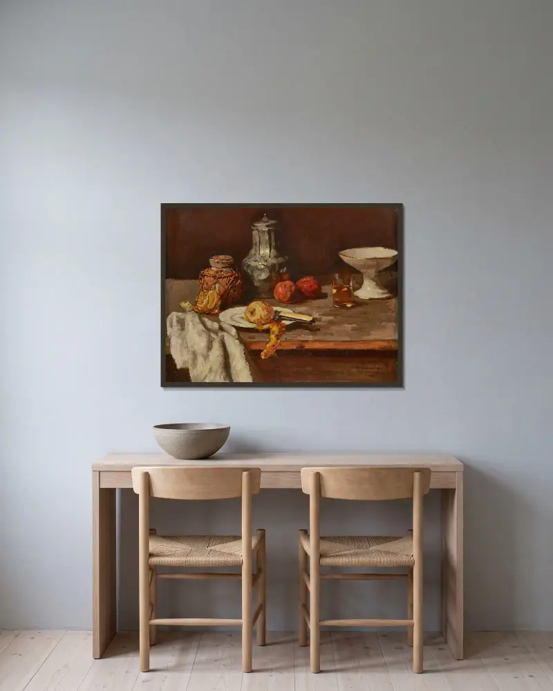 Ingwertopf mit Orangenhälfte von Carl Schuch gerahmt an einer Wand