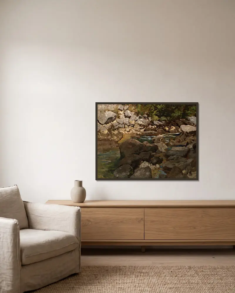 Gebirgsbach mit Findlingen von Carl Schuch gerahmt an einer Wand