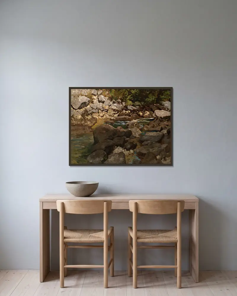 Gebirgsbach mit Findlingen von Carl Schuch gerahmt an einer Wand