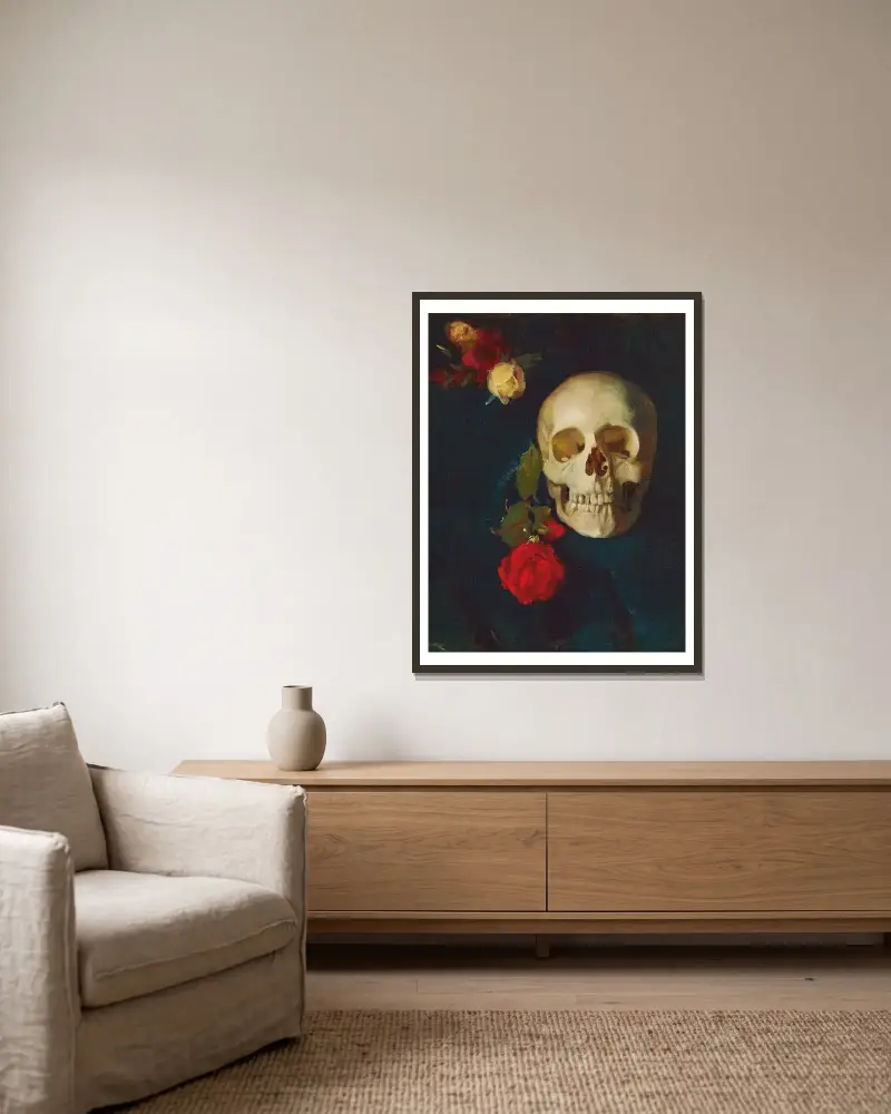 Schädel mit Rosen von Carl Schuch gerahmt an einer Wand