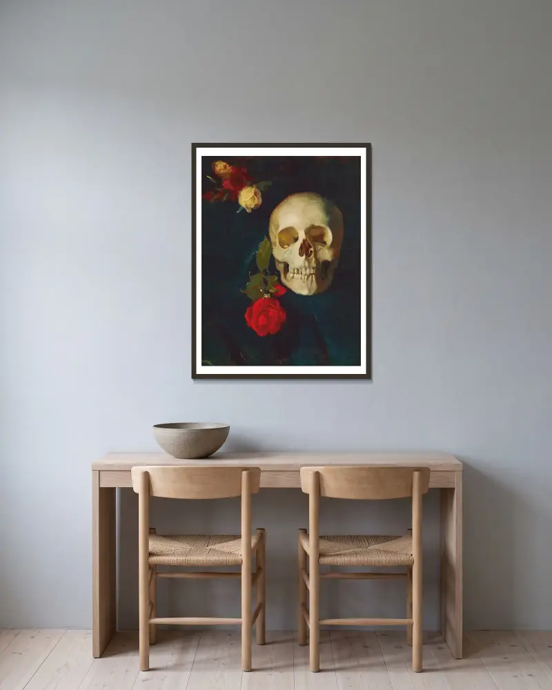 Schädel mit Rosen von Carl Schuch gerahmt an einer Wand