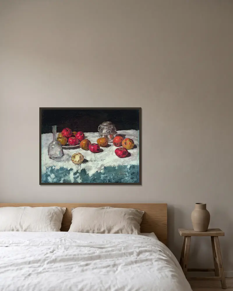 Still Life with Apples av Carl Schuch inramad på en vägg