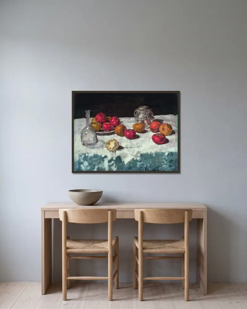 Still Life with Apples av Carl Schuch inramad på en vägg