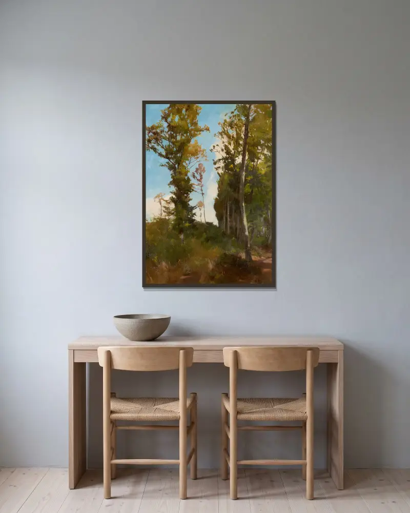 Waldlichtung bei Purkersdorf av Carl Schuch inramad på en vägg