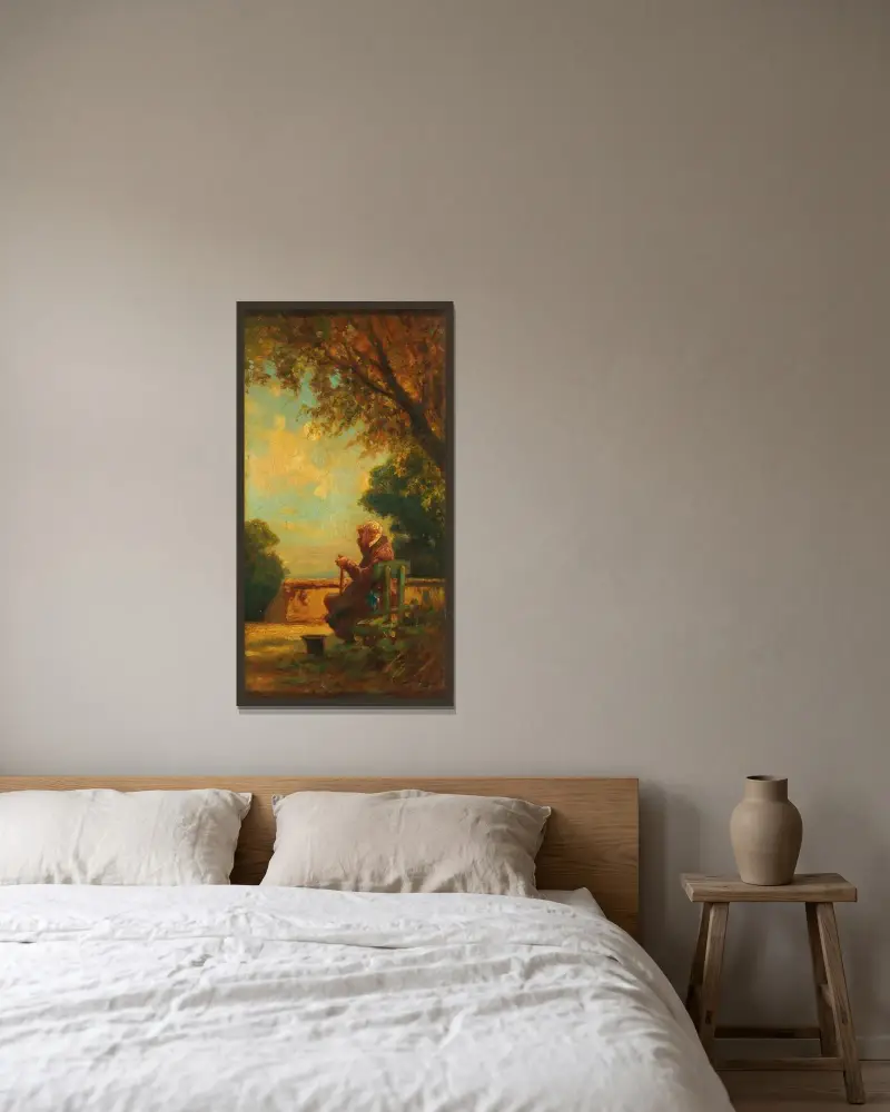 Gammal man på bänk av Carl Spitzweg inramad på en vägg