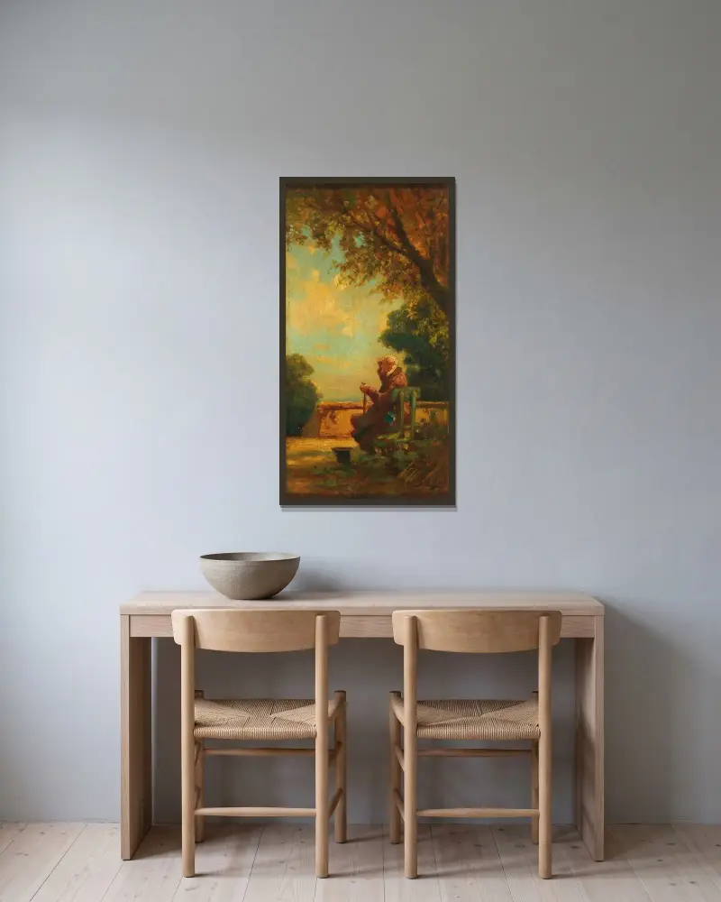 Gammal man på bänk av Carl Spitzweg inramad på en vägg