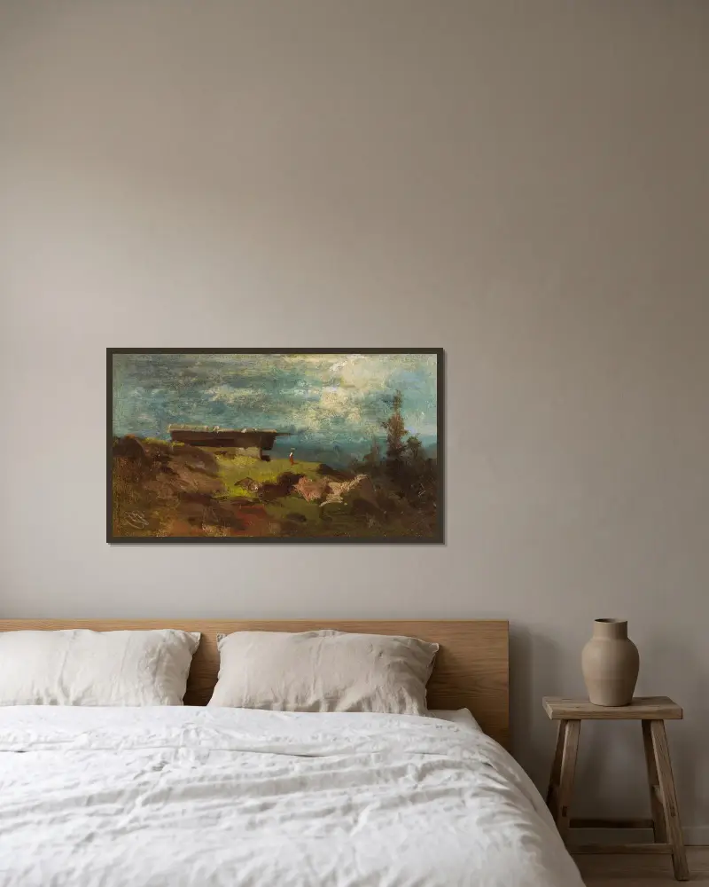 Bondkvinna framför en alphytta av Carl Spitzweg inramad på en vägg
