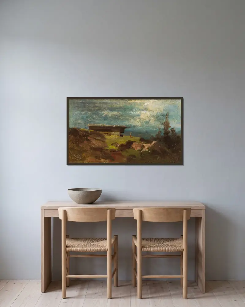 Bondkvinna framför en alphytta av Carl Spitzweg inramad på en vägg