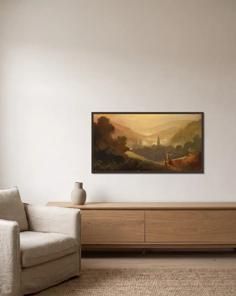 Bergslandskap med sennerinna och barn av Carl Spitzweg inramad på en vägg
