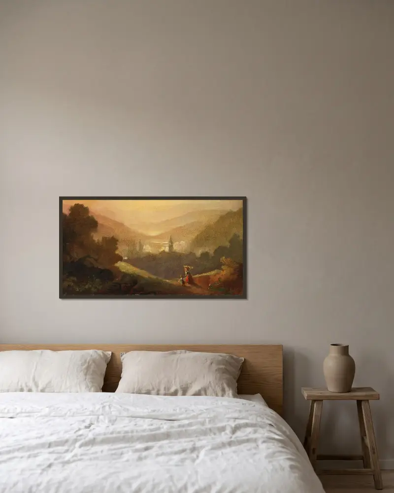 Bergslandskap med sennerinna och barn av Carl Spitzweg inramad på en vägg