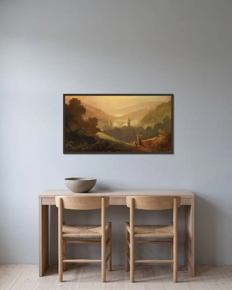 Bergslandskap med sennerinna och barn av Carl Spitzweg inramad på en vägg