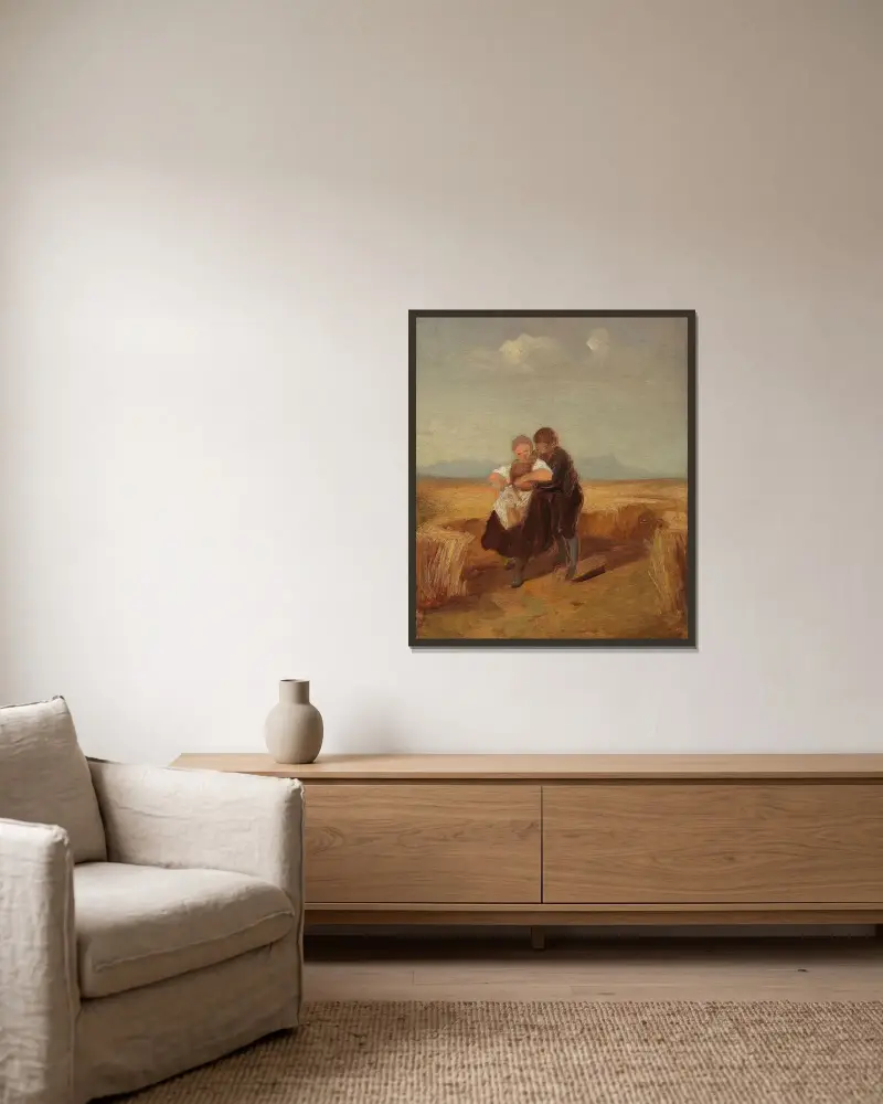 Pojke och flicka i vetefältet av Carl Spitzweg inramad på en vägg