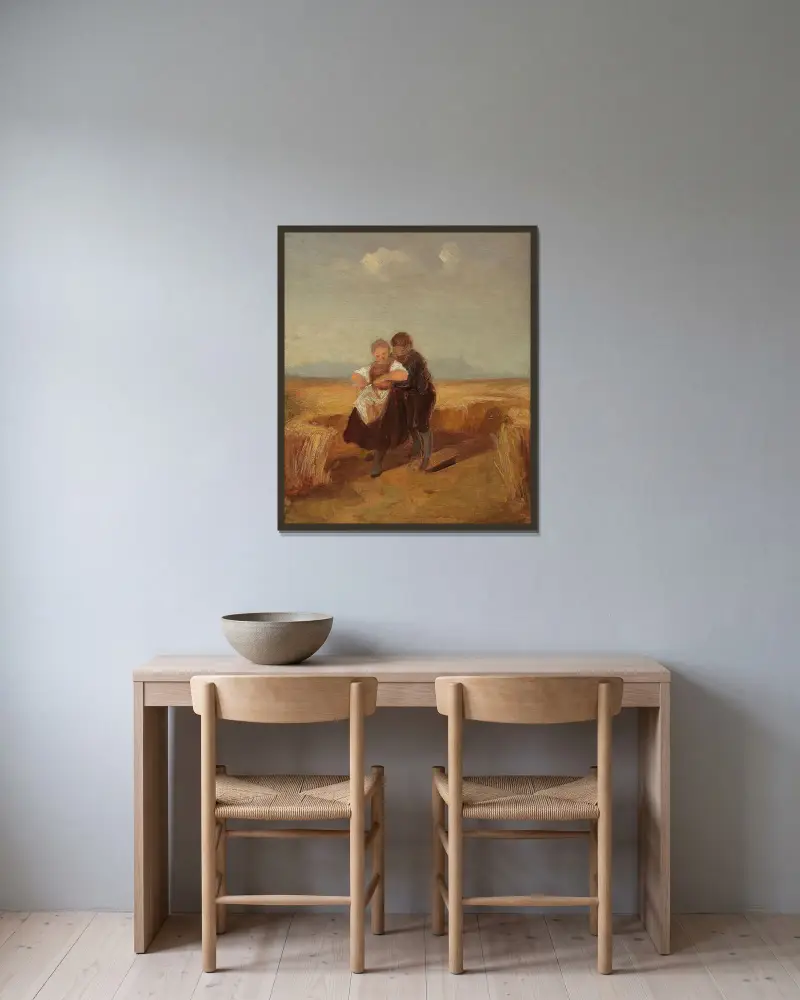 Pojke och flicka i vetefältet av Carl Spitzweg inramad på en vägg