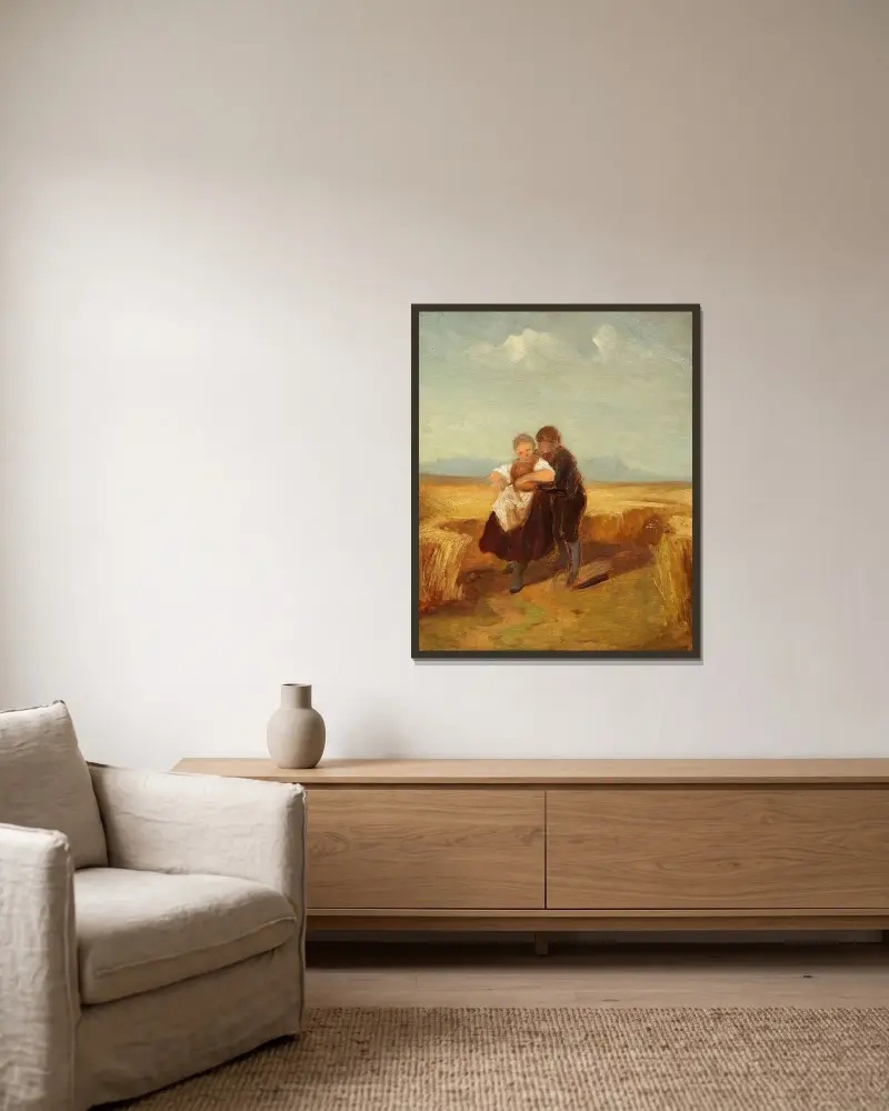 Pojke och flicka på kornfältet av Carl Spitzweg inramad på en vägg