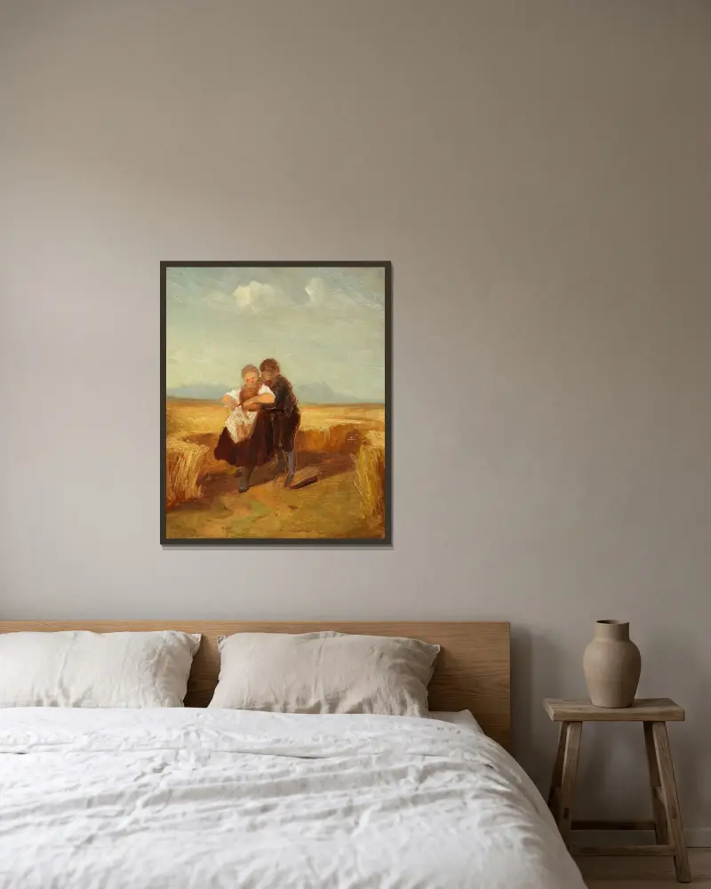 Pojke och flicka på kornfältet av Carl Spitzweg inramad på en vägg